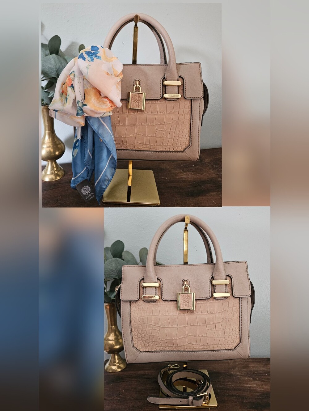 Vince Camuto 100% Leather Crossbody Satchel Crocodile texture With Free Scarf.